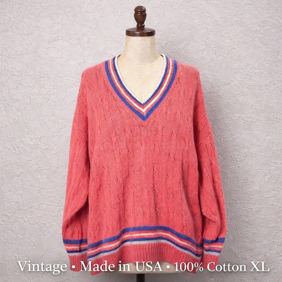 Sweaters - Vintage 80s Lord Jeff Pink Cable Knit Tennis Sweater XL USA Cotton Preppy V-Neck